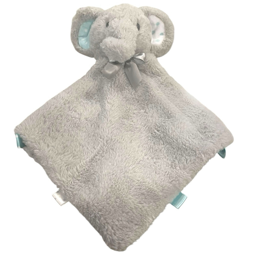 Kellytoy Elephant Rattle Toy Plush Lovey Silky Ribbon Tags Security Blanket Gray